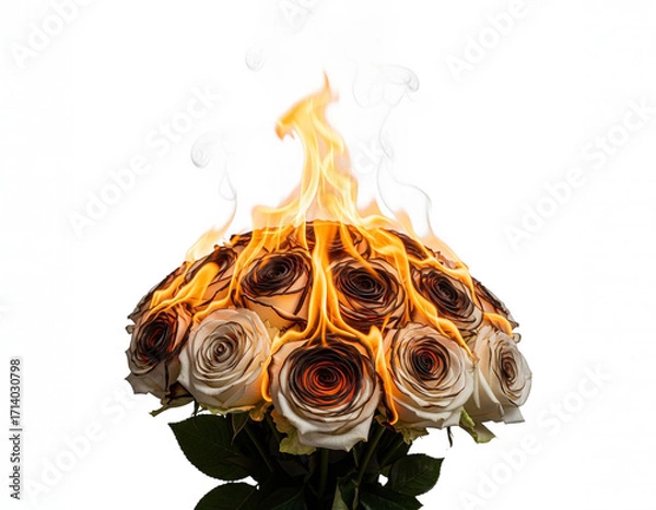 Fototapeta Dramatic concept of love and heartbreak with a bouquet of roses on fire against a clean white background, symbolizing intense passion and destruction Gemini_Generated_Image_u4ytj5u4ytj5u4yt_1