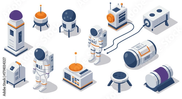 Fototapeta Isometric space exploration equipment and astronauts in futuristic design