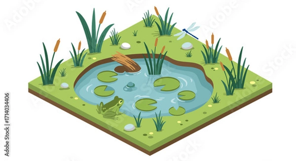 Fototapeta Isometric pond scene with frog, dragonfly, and lilypads in lush wetland environment
