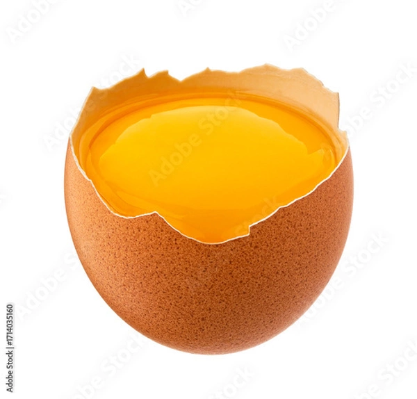 Obraz Raw egg yolk in half brown eggshell isolated on white background
