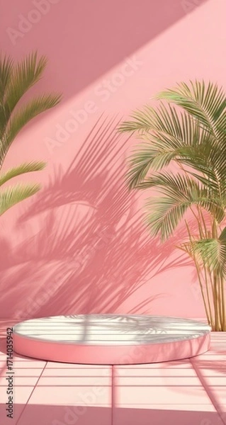 Fototapeta Pink, circular podium with palm trees.  Sunlight casts shadows