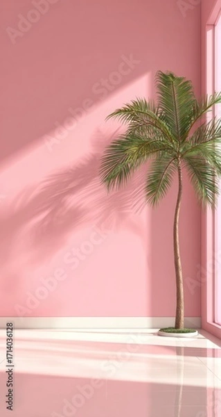 Fototapeta Pink room with palm tree and sunlight