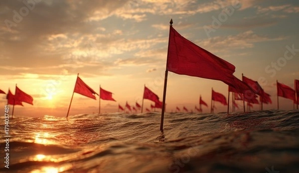 Fototapeta Many red flags float on rippled water at sunset