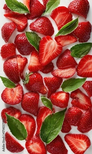 Fototapeta Fresh strawberry slices with green leaves on white background