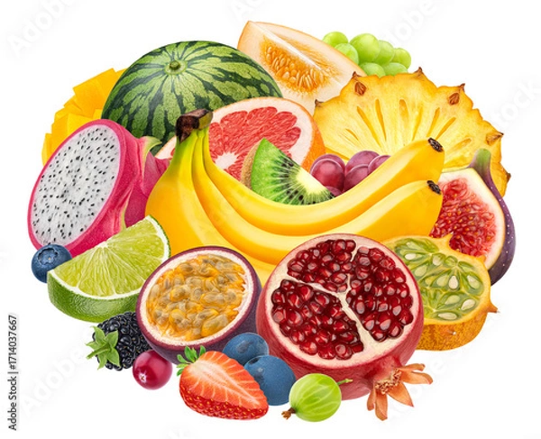 Obraz Colorful assorted fruits isolated on white background with clipping path