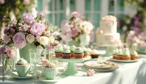 Fototapeta Elegant pastel-toned table setting with floral arrangements and cupcakes