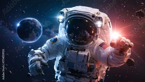 Fototapeta An astronaut reaches out into the vast cosmos, surrounded by distant stars, a glowing planet, and drifting asteroids.