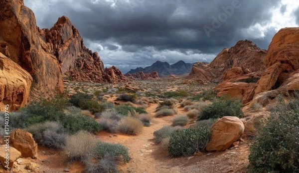 Fototapeta Dramatic desert landscape with sandstone formations under a stormy sky.  A path winds through a dry, arid landscape