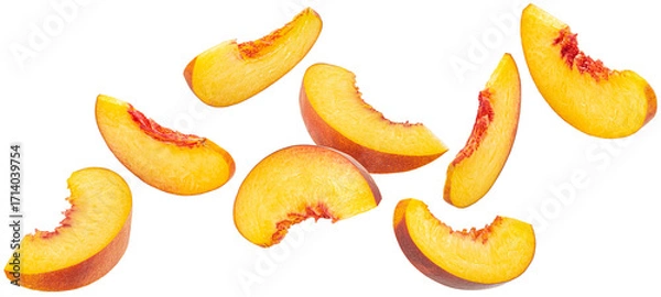 Obraz Falling peach slices isolated on white background with clipping path, falling nectarine pieces