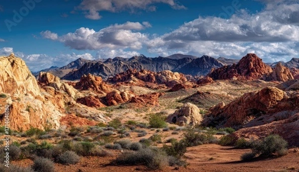 Fototapeta Vast desert landscape of colorful sandstone formations, under a partly cloudy sky