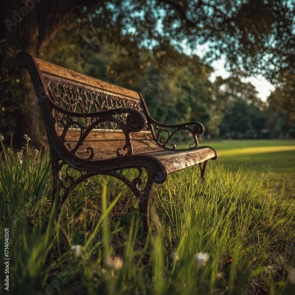 Fototapeta Rustic park bench bathed in sunlight (2)