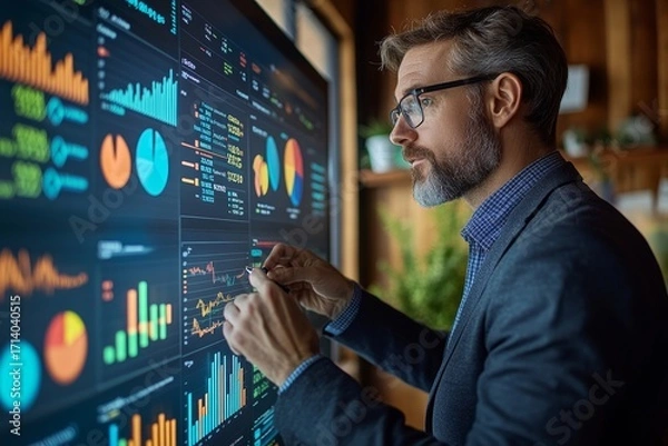 Fototapeta Business advisor presenting yearly revenue report on a large screen with bar charts and pie charts concept of fiscal analysis and investment review