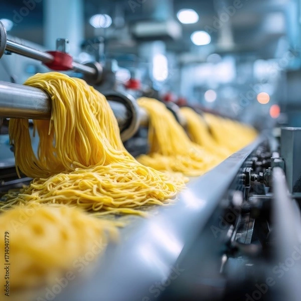 Fototapeta Fresh pasta strands flow from industrial machinery on a conveyor belt in a food processing plant