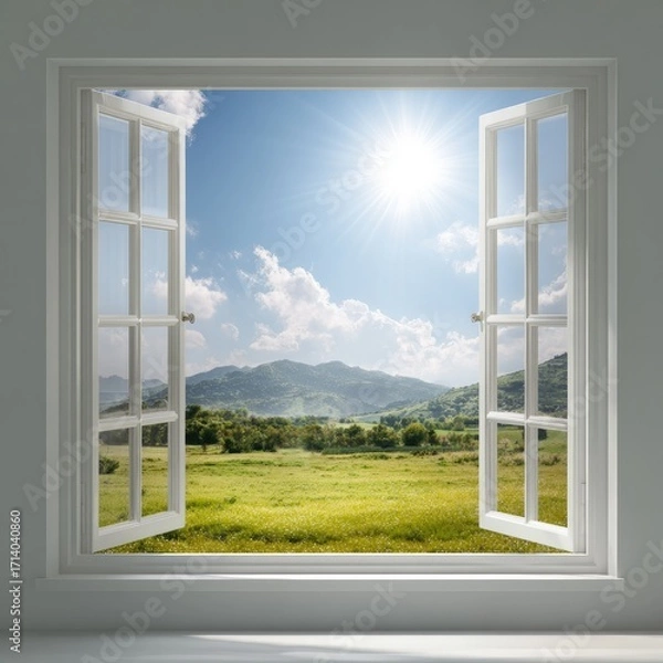 Fototapeta Open window, vibrant landscape view