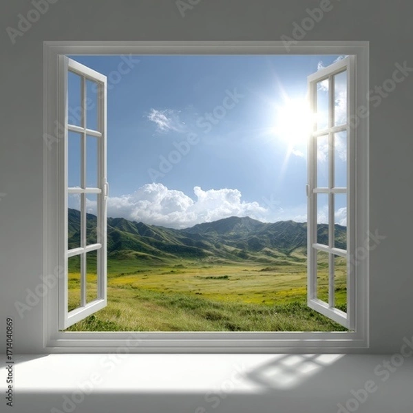 Fototapeta Open window view of a sunny landscape