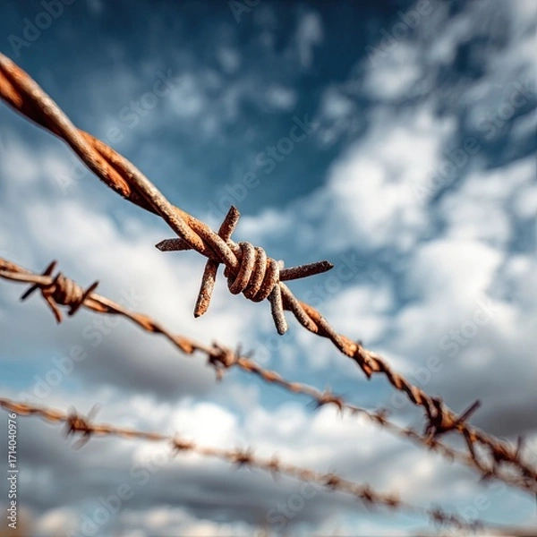 Fototapeta Rusty barbed wire against a cloudy sky