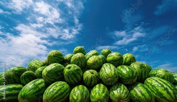 Fototapeta A large pile of watermelons against a vibrant blue sky dotted with fluffy white clouds (1)