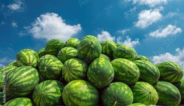 Fototapeta A large pile of watermelons against a vibrant blue sky dotted with fluffy white clouds