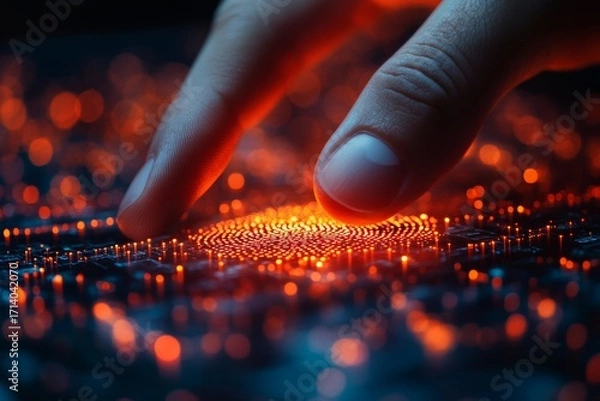 Fototapeta Close-up of business hand using a fingerprint scanner for secure access to digital contract files data protection and privacy concept