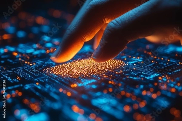 Fototapeta Close-up of business hand using a fingerprint scanner for secure access to digital contract files data protection and privacy concept