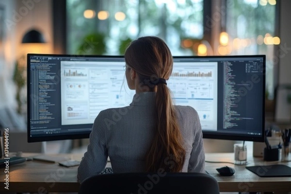 Fototapeta Executive reviewing pdf document with audit comments and approval stamps on dual screen monitor setup highlighting project closure phase