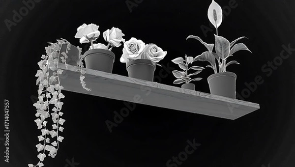 Obraz Hanging plants and flowers on a shelf against a dark background