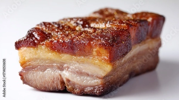 Obraz Close-up of a piece of cooked pork belly, seasoned and browned, on a white surface