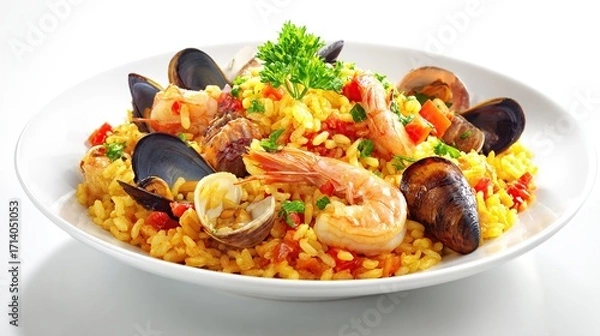 Obraz Paella-like dish with seafood and yellow rice on a white plate, close-up studio shot