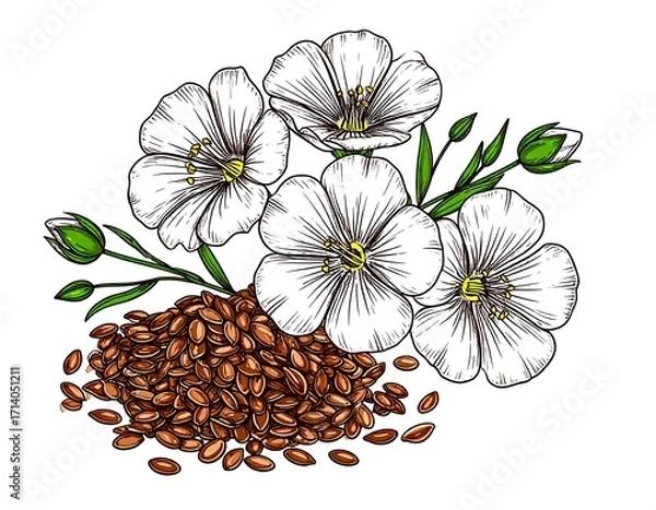 Obraz Linseed flowers and seeds illustration