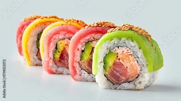 Obraz Colorful sushi rolls with avocado, fish, rice, and sesame seeds on white