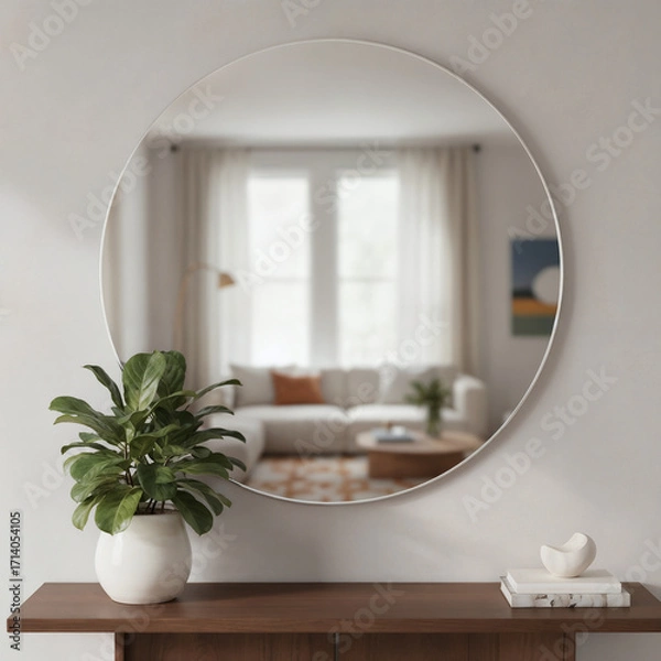 Fototapeta  a modern interior with a round mirror reflecting a living room scene. A plant, books, and a decorative object are placed on a wooden console table below the mirror.