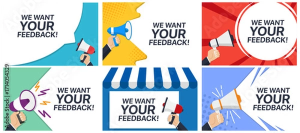 Fototapeta Hand holding megaphone with feedback in speech bubble in a flat design