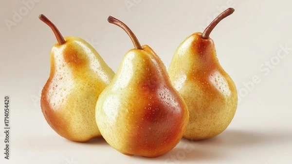 Obraz Three ripe pears, a soft beige background, glossy and subtly shaded, with water droplets, displaying a warm yellow and brown gradient