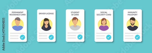 Fototapeta Identity card collection. Personal documents including driver license, student ID, social security and residence card