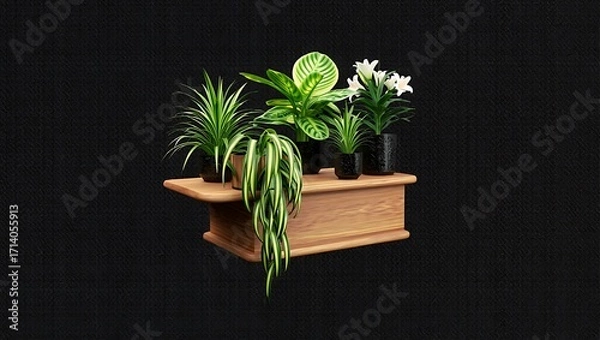 Fototapeta Collection of various green houseplants in pots on a wooden stand