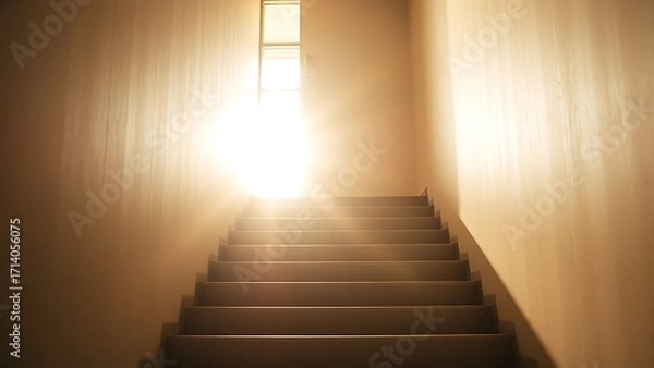Fototapeta A sunlit staircase leading upward with a radiant glow at the top, creating strong contrast.