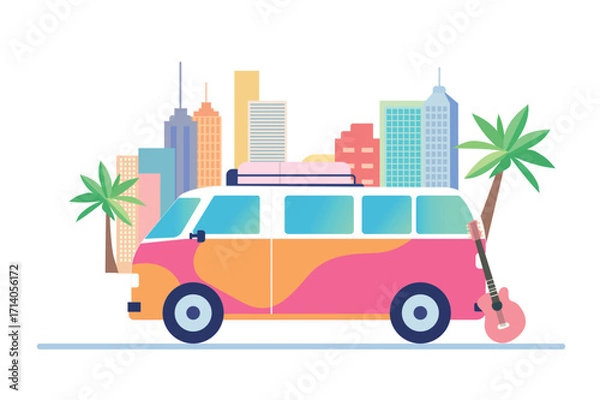 Fototapeta Colorful retro van with a guitar and surfboards parked amidst palm trees ready for a road trip adventure on a sunny