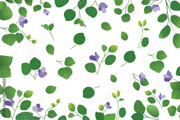 Fototapeta Floral Vine Pattern s and purple flowers scatters across a white background creating a fresh and natural design