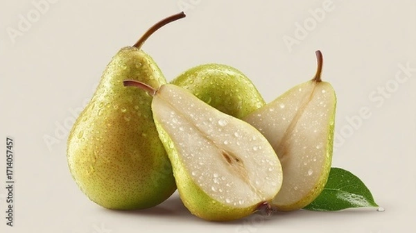 Obraz Three pears, whole and sliced, with water droplets, and leaves,  on a light beige background