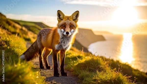 Obraz Red fox on a coastal path at sunset