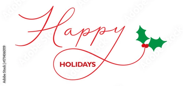 Fototapeta HAPPY HOLIDAYS red and green vector brush calligraphy banner with holly motifs