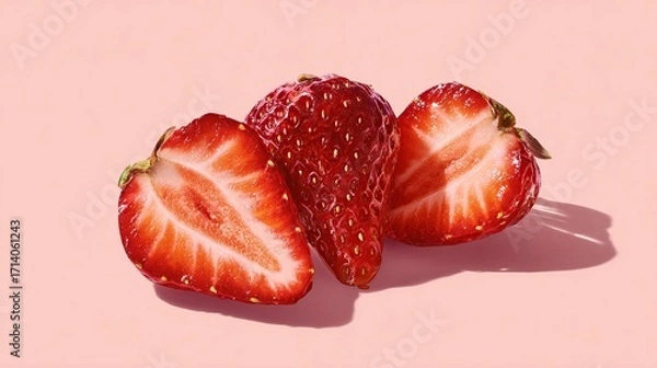 Obraz Three halved strawberries on a pink background