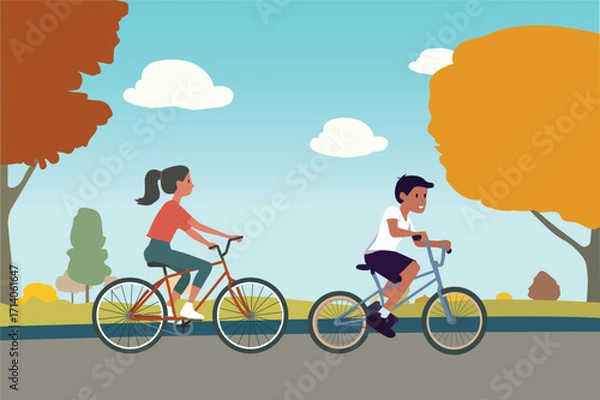 Fototapeta Two friends riding bicycles on a scenic park path in the park on a sunny day