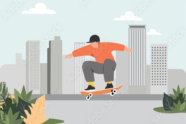 Fototapeta Skateboarder performing a trick in an urban setting with tall buildings