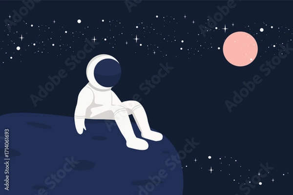 Fototapeta Astronaut sitting on a moon-like surface, gazing at a planet with stars in the dark sky