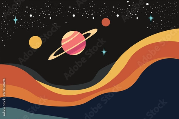 Fototapeta The ringed planet hovered on colorful wavy lines against a dark sky surrounded by twinkling stars