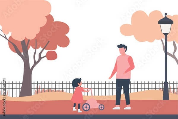 Fototapeta Father and daughter enjoy walking in a colorful park, with the girl pushing a toy strollera