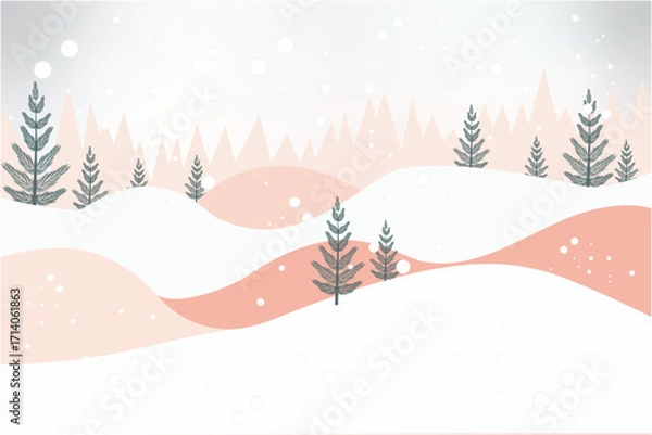 Fototapeta  Winter landscape with snow-covered hills, evergreen trees, and falling snow against  in a peaceful winter