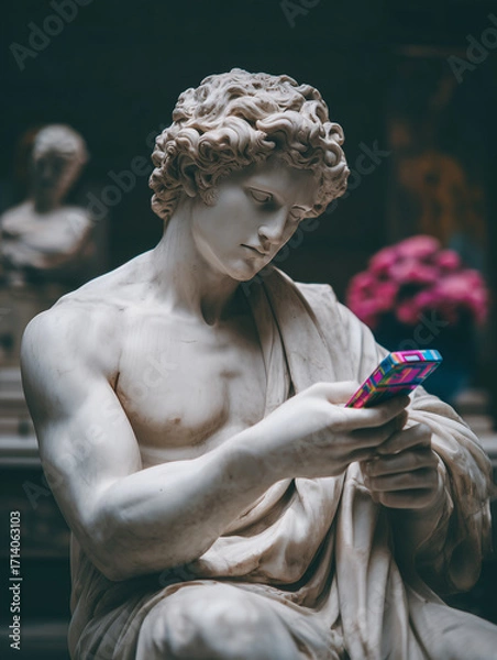 Obraz Classical marble statue using modern colorful smartphone.  Fusion of ancient art and contemporary technology. Magazine cover