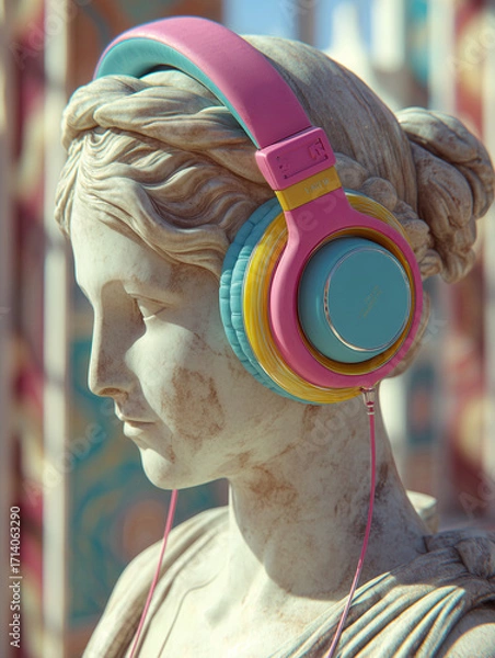 Obraz Classical marble figure of young woman with colorful headphones on her head listening to music. Blurred museum bacgkround.